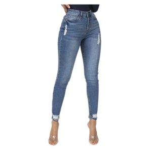 Distressed High Rise Medium-Blue Skinny Jeans